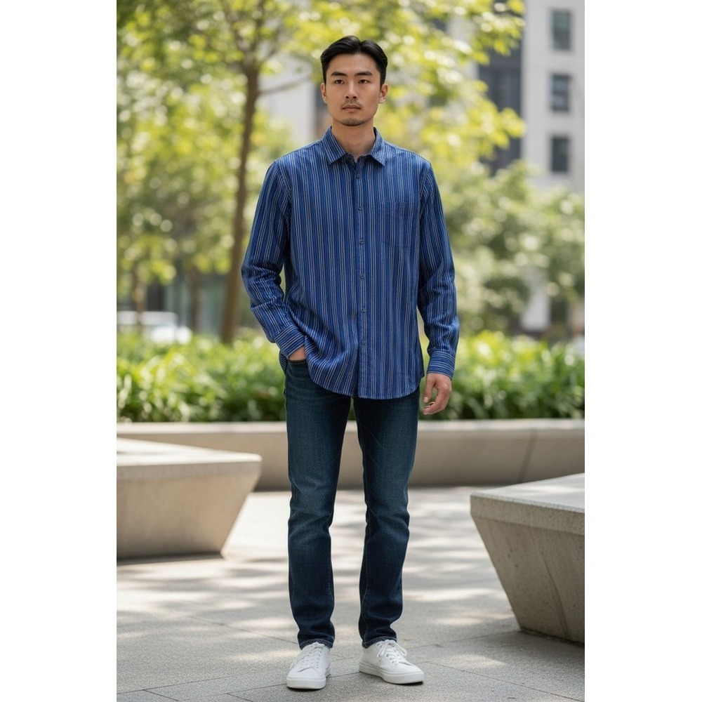 Calvin Klein Dress Shirt Men L Vertical Stripe L/S Button 100% cotton Careercore